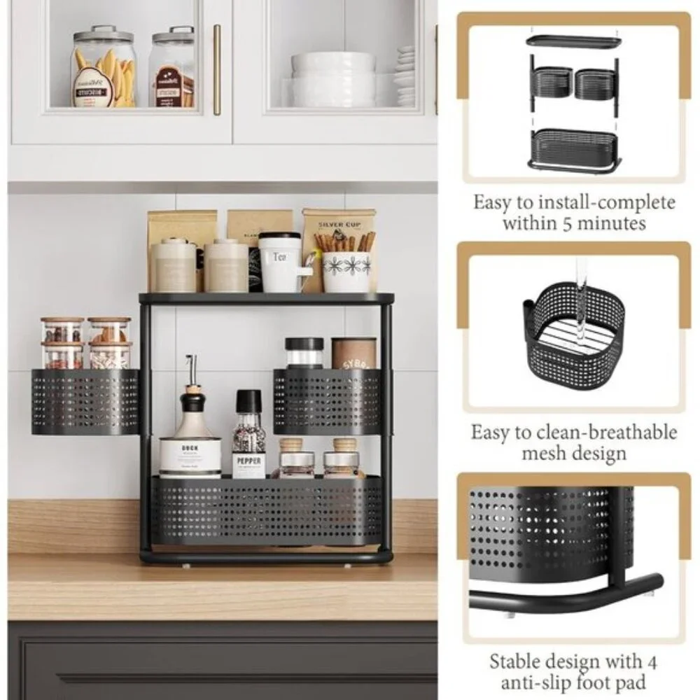 3-Tier Rotating Bathroom Organizer, Black Vanity & Kitchen Counter Storage Rack